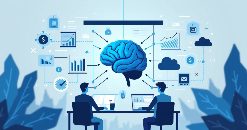 Ilustração flat corporativa de painel digital com gráficos e dados, mostrando análise preditiva e inteligência artificial
