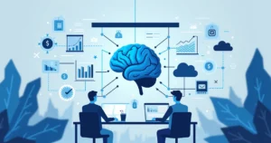 Ilustração flat corporativa de painel digital com gráficos e dados, mostrando análise preditiva e inteligência artificial