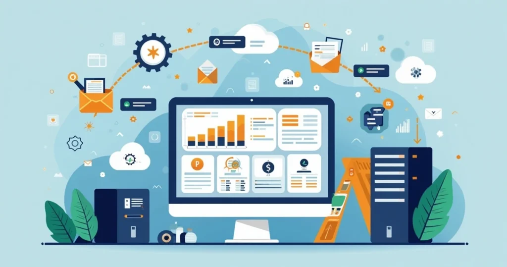 Ilustração corporativa plana de automação e integração de sistemas financeiros com painéis digitais e múltiplos canais de cobrança
