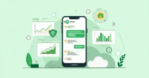 Ilustração corporativa de smartphone exibindo chat de WhatsApp para cobrança automatizada com gráficos e ícones de automação ao redor