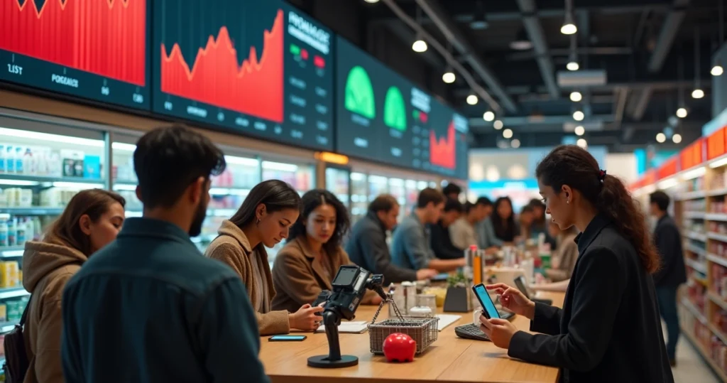Cliente em fila de caixa no supermercado com painel digital de promoções ao fundo