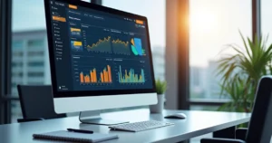 Painel digital com gráficos de performance de cobrança exibidos em tela de computador moderno