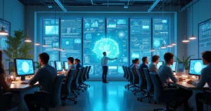 Ambiente corporativo futurista com profissionais em diferentes atividades tecnológicas e digitais, telas holográficas mostrando dados e gráficos, elementos de inteligência artificial e inovação ao red