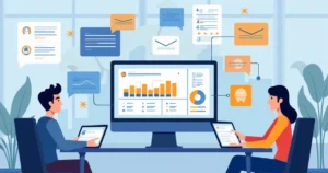 Ilustração corporativa flat de gestão de contas a receber com automação, mostrando telas de dashboards, gráficos, notificações em múltiplos canais como WhatsApp e e-mail, ambiente empresarial moderno