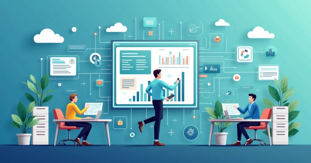 Ilustração corporativa mostrando integração de setores empresariais por meio de ERP com gráficos, ícones de nuvem e pessoas colaborando