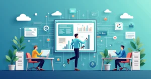 Ilustração corporativa mostrando integração de setores empresariais por meio de ERP com gráficos, ícones de nuvem e pessoas colaborando