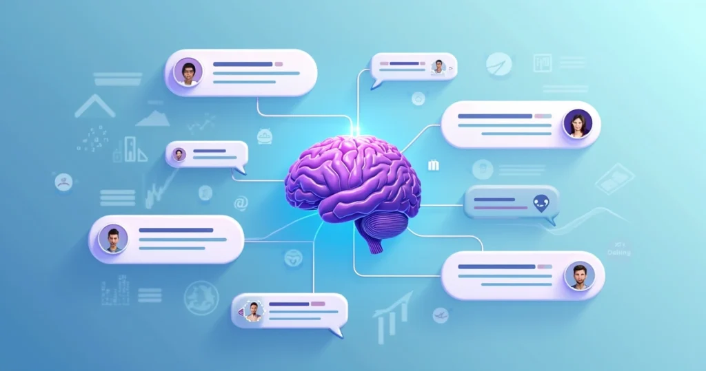 Ilustração corporativa plana de uma inteligência artificial ajustando mensagens de cobrança em múltiplas telas para diferentes perfis de clientes