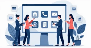 Ilustração corporativa mostrando equipe usando plataforma digital para cobrança multicanal com ícones de telefone, WhatsApp, SMS, e-mail e carta