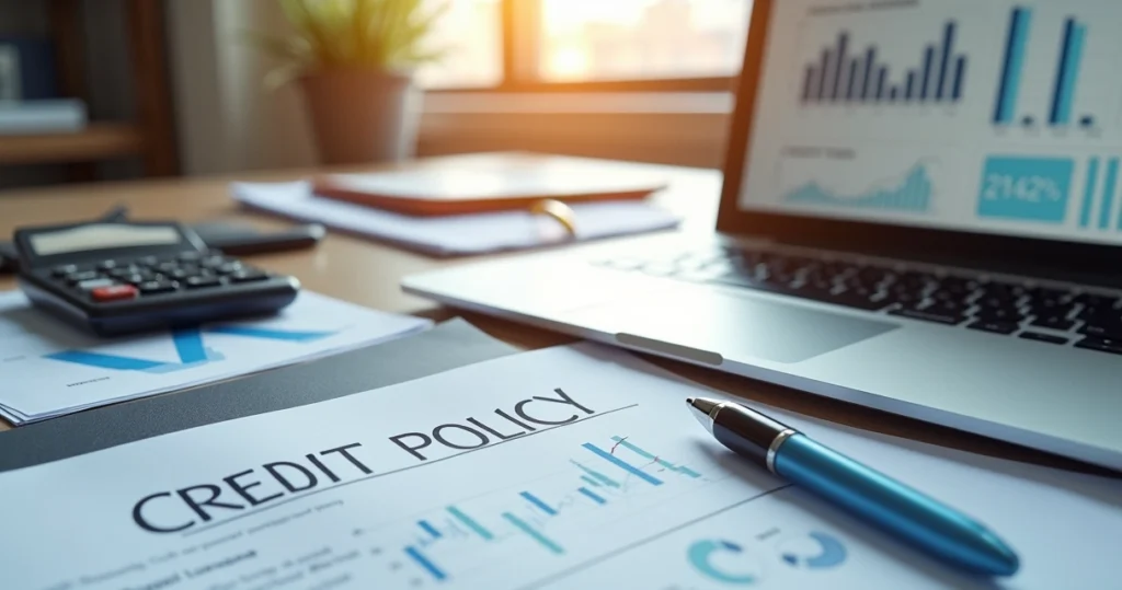 Mesa de escritório com documentos legais e contrato de política de crédito, laptop aberto mostrando gráficos financeiros, caneta e calculadora ao lado, ambiente corporativo moderno e organizado