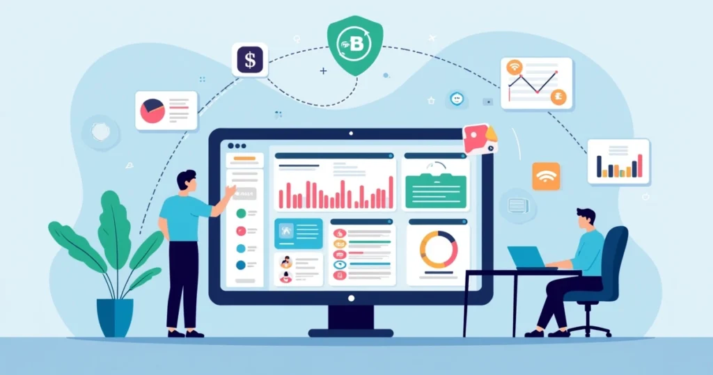 Ilustração corporativa de portal do cliente com dashboard digital, gráficos e ícones de comunicação multicanal