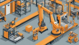 Imagem de uma fábrica automatizada com robôs e braços mecânicos, destacando a redução de trabalho manual e o futuro do trabalho automatizado.
