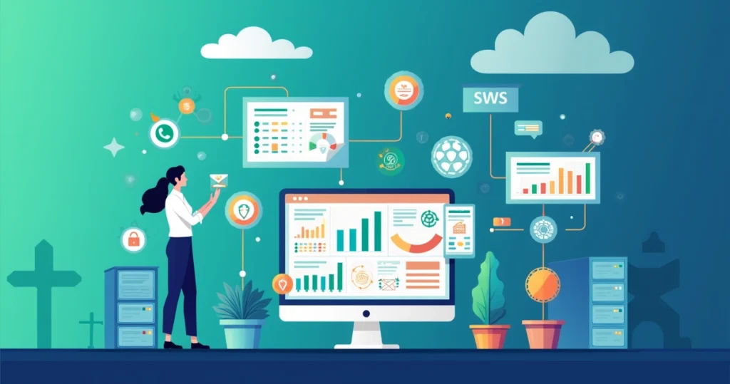 Ilustração corporativa plana mostrando automação de cobrança multicanal integrada com dashboards de análise e ícones de canais como WhatsApp, e-mail e SMS