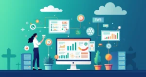 Ilustração corporativa plana mostrando automação de cobrança multicanal integrada com dashboards de análise e ícones de canais como WhatsApp, e-mail e SMS