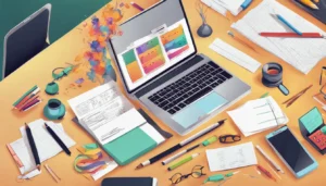 Automatização transformando gestão financeira em um escritório moderno com laptop, gráficos financeiros, calculadora e prateleiras organizadas.