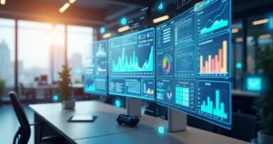 Painel moderno com dashboard financeiro digital, mostrando gráficos, estatísticas e automação de cobranças