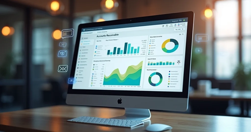Dashboard digital exibindo gráficos e indicadores financeiros em tela de computador com integração de sistemas e comunicação multicanal