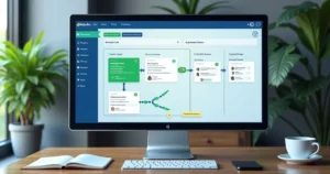 Tela de plataforma digital mostrando régua de cobrança multicanal com gráficos, mensagens de WhatsApp e e-mails na interface