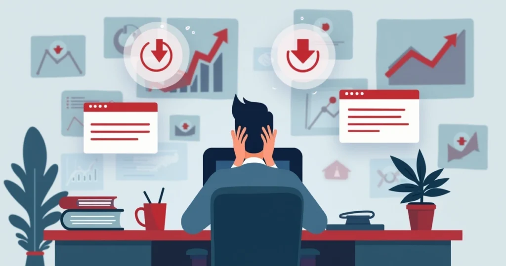 Ilustração corporativa mostrando abordagem agressiva de cobrança com um cliente desconfortável e gráficos negativos ao fundo