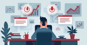 Ilustração corporativa mostrando abordagem agressiva de cobrança com um cliente desconfortável e gráficos negativos ao fundo