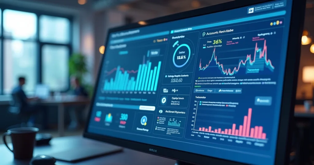 Dashboard digital com gráficos e interface de gestão de cobrança automatizada por IA