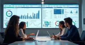 Mesa de escritório com equipe analisando dashboards financeiros em tela de computador, gráficos de inadimplência e estratégias de cobrança automatizada visíveis
