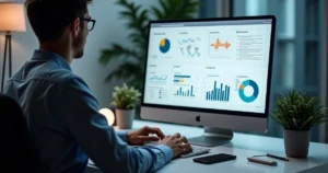 Profissional utilizando plataforma digital de gestão financeira em computador com gráficos e dashboards na tela