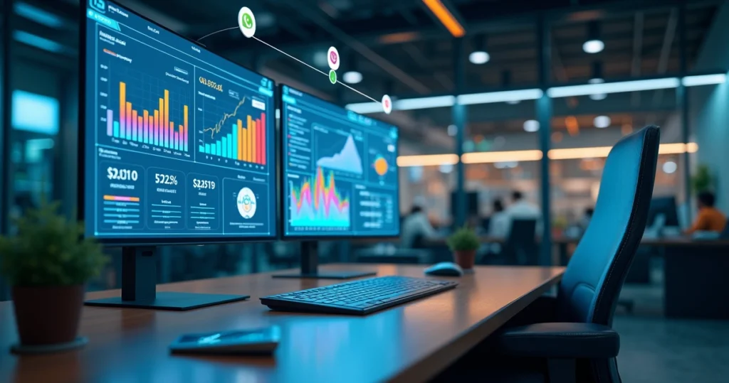 Tela digital mostrando dashboards de gestão financeira com gráficos, ícones de automação e comunicação multicanal integrados