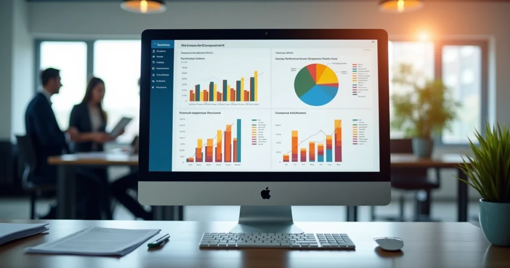 Computador aberto mostrando dashboards de gestão financeira com gráficos de inadimplência e recuperação de crédito