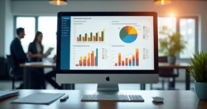 Computador aberto mostrando dashboards de gestão financeira com gráficos de inadimplência e recuperação de crédito
