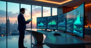 Executivo em escritório moderno analisando dados financeiros em diversos monitores digitais