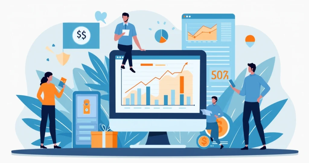 Ilustração corporativa representando plataforma financeira automatizada com múltiplos canais de cobrança e gráficos de desempenho